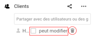 Case "peut modifier" à cocher et icône corbeille à côté de chaque nom