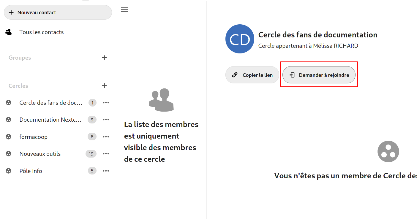 Bouton "Demander à rejoindre" dans la vue principale d'un cercle public