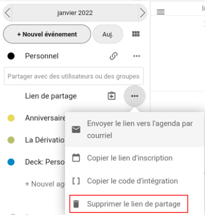 Option "supprimer le lien de partage" dans le menu d'actions du lien de partage.