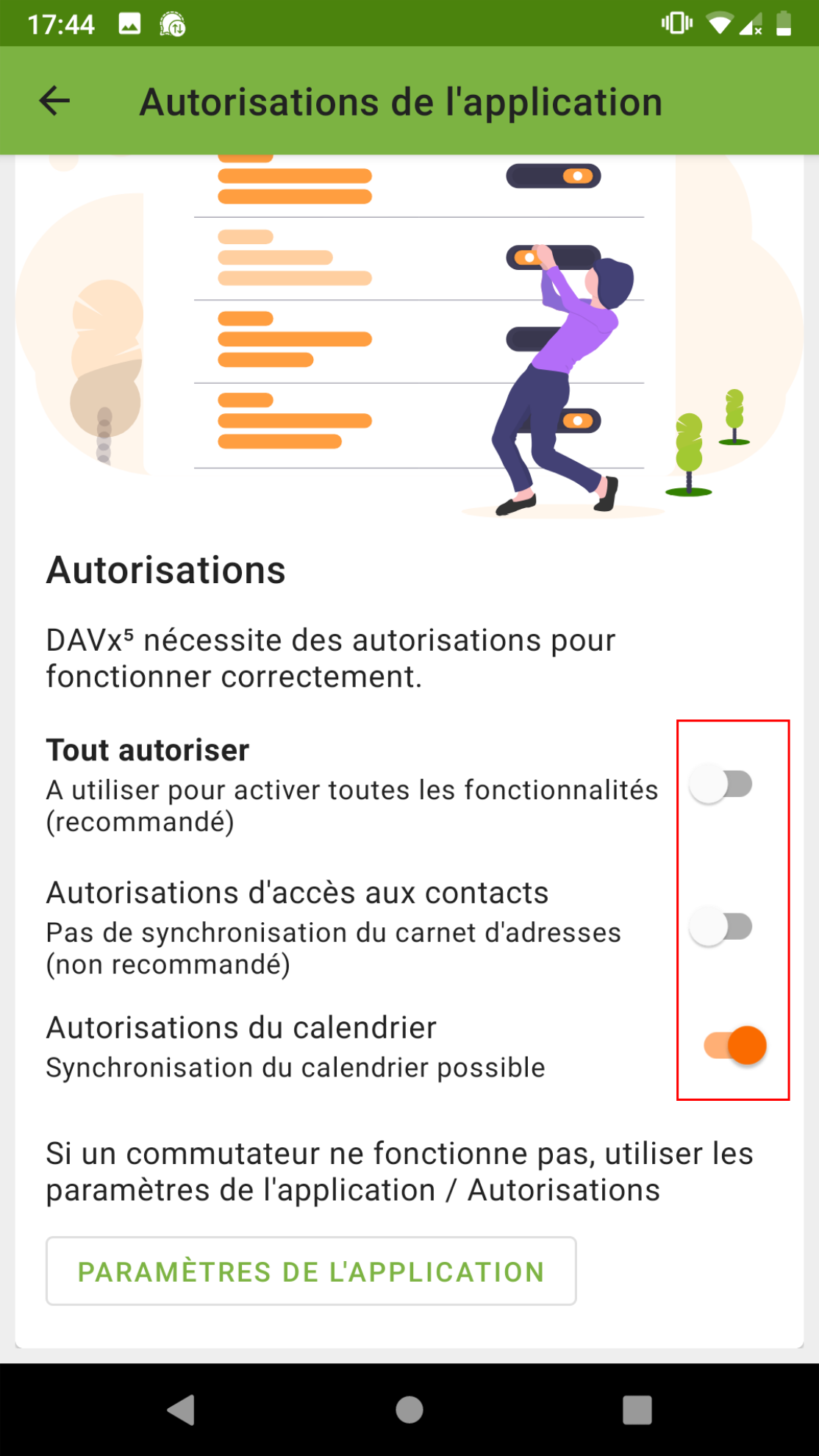 trois actions possibles à cocher : tout autoriser, autorisation d'accès aux contacts, autorisations du calandrier.